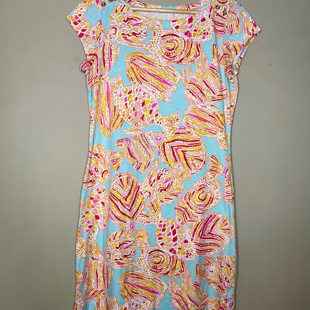 Lilly Pulitzer S Loren Short Sleeve Boatneck Dress Tini Bikini Breakwater Blue